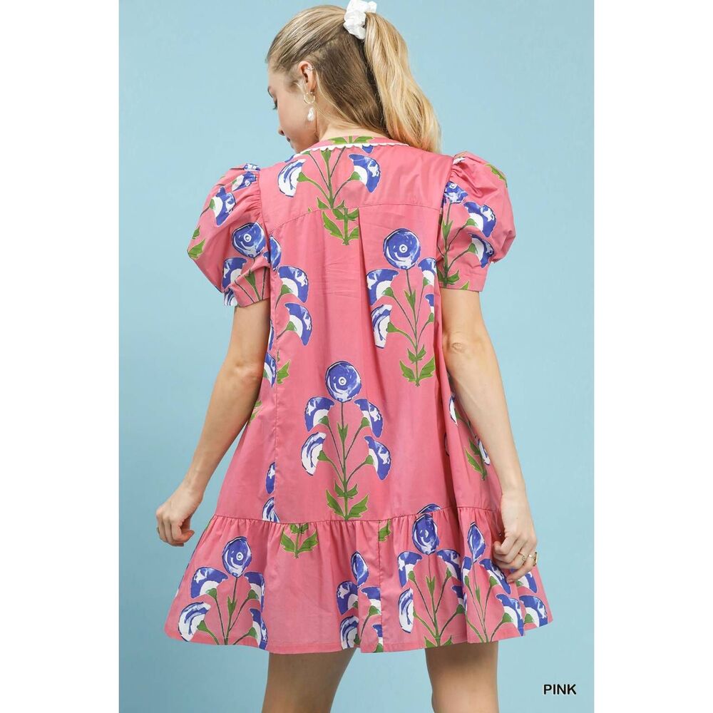 Umgee Floral Print Puff Sleeve A-Line Dress Pink w Blue Flowers Sz Medium - Picture 3 of 6